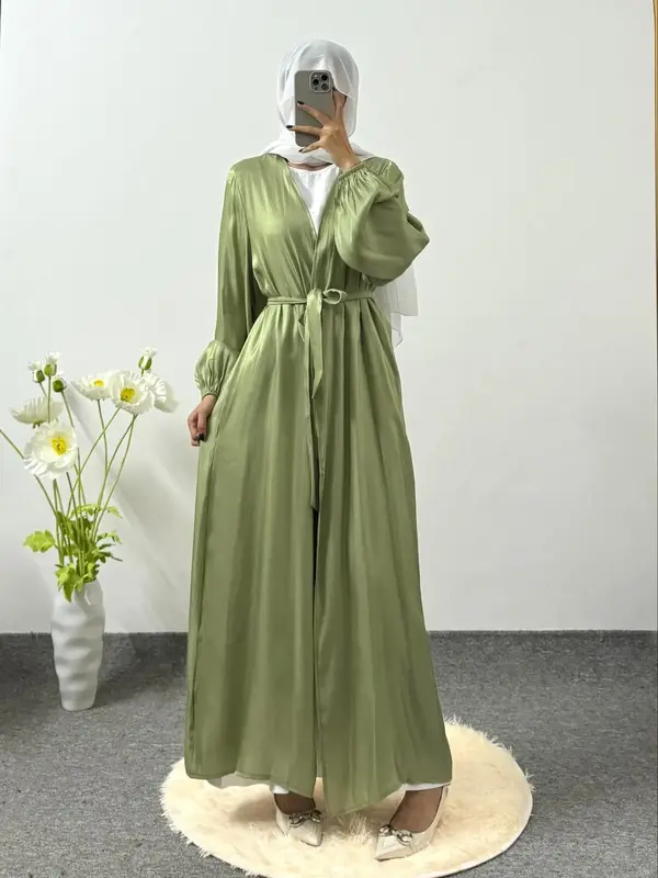 Women's Solid Color Belted Lantern Sleeve Abaya without Hijab, Modest Long Sleeve Muslim Maxi Abaya Dress for Daily Wear, Lad...