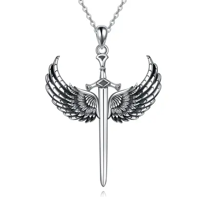 Sterling Silver Angel Wing & Cross Pendant Necklace