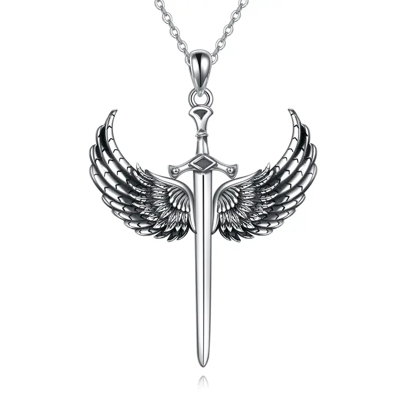 Sterling Silver Angel Wing & Cross Pendant Necklace