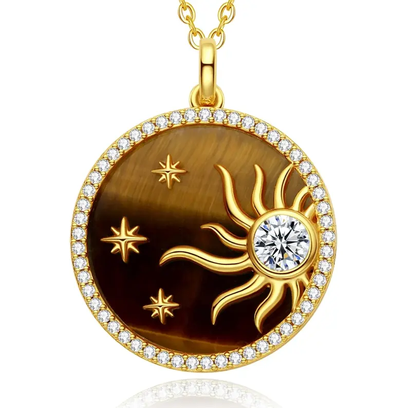 Sterling Silver with Yellow Gold Plated Cubic Zirconia & Tiger's Eye Star & Sun Pendant Necklace