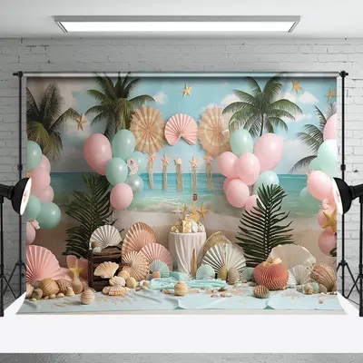 Palm Tree Shell Balloons Coastal Cake Smash Backdrop