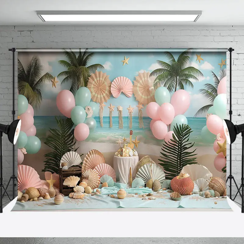 Palm Tree Shell Balloons Coastal Cake Smash Backdrop