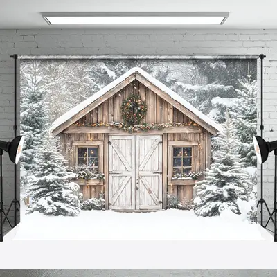 White Snowy Wood Barn Forest Scene Christmas Backdrop - Aperturee