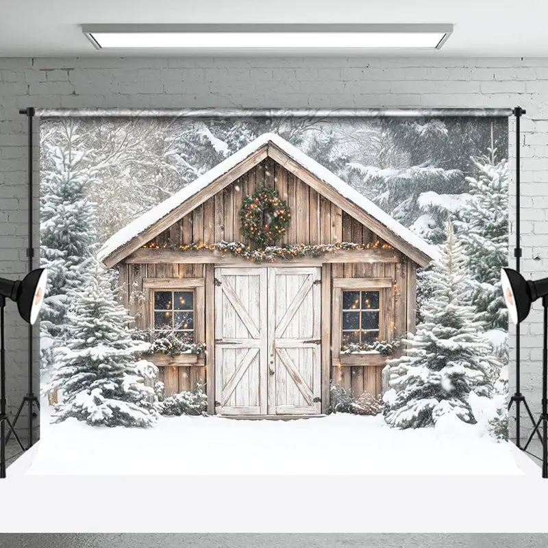 White Snowy Wood Barn Forest Scene Christmas Backdrop - Aperturee