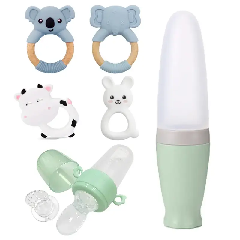MomMed Food Feeder & Teether Set, Silicone Baby Food Dispensing Spoon and Silicone Baby Teething Toys