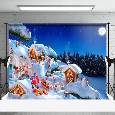 Cute Elf Snowy House Forest Night Christmas Backdrop - Aperturee