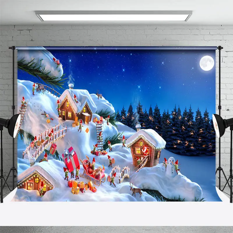 Cute Elf Snowy House Forest Night Christmas Backdrop - Aperturee