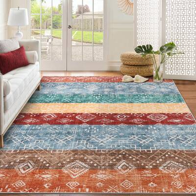 Garvee Boho Red Multi 9x12 Washable Area Rug Living Room Rug Geometric Rug Tribal Area Rugs for Bedroom Aesthetic Under Bed L...