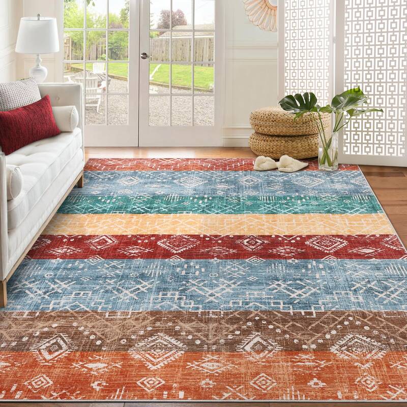 Garvee Boho Red Multi 9x12 Washable Area Rug Living Room Rug Geometric Rug Tribal Area Rugs for Bedroom Aesthetic Under Bed L...