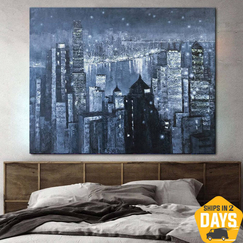 Abstract Blue Paintings On Canvas Original City Painting Support Ukraine Oil Handmade Painting | WHAT THE NIGHT HIDES 31.5&qu...