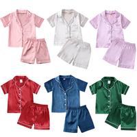 Toddler Baby Girl Boy Silk Pajamas Set Solid Color Short Sleeve Button Down Shirt Tops Elastic Waist Shorts Satin Summer Slee...