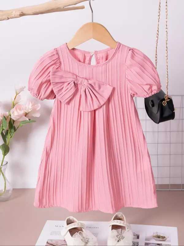 Toddler Girl's Solid Big Bow Decor Puff Sleeve Dress, Cute Casual Frill Trim Square Neck A Line Dress for Party Holiday, Kids...