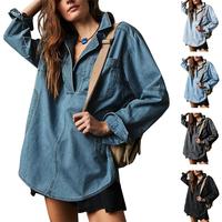 FMEYOA S To 2XL Womenswear Denim Pullover Casual Comfort Button V Neck Blouse Loose Fit Tops Longsleeves Jean Jacket With Poc...