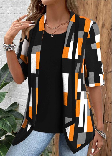 Modlily Black Geometric Print Half Sleeve Fake Two Piece Twinset - M