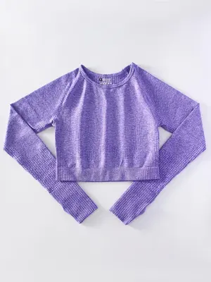 Women's Plain Round Neck Crop Sports T-shirt without Leggings, Sporty Seamless Long Sleeves Crop Top, Women Yoga Sports Fitn...