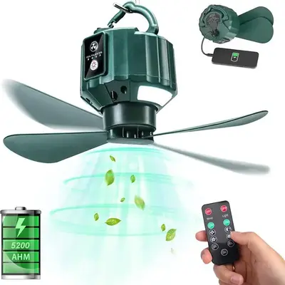 Portable Ceiling Fan Light, 1 Set 5200mAh 3 Speed Adjustable Outdoor Cooling Fan Light with Remote Control, USB Rechargeable ...