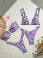 Women's Ditsy Floral Print Brazilian Swimsuits, Boho Fashion Ruched O-ring Tube Swim Bra & Triangle Swim Bra & High Cut Swim ...