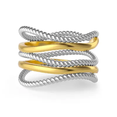 Mytys Simple Lines Cable Twisted Staggered Ring Two Tone Hollow Ring Luxury Jewelry  For Women,Ideal Gifting