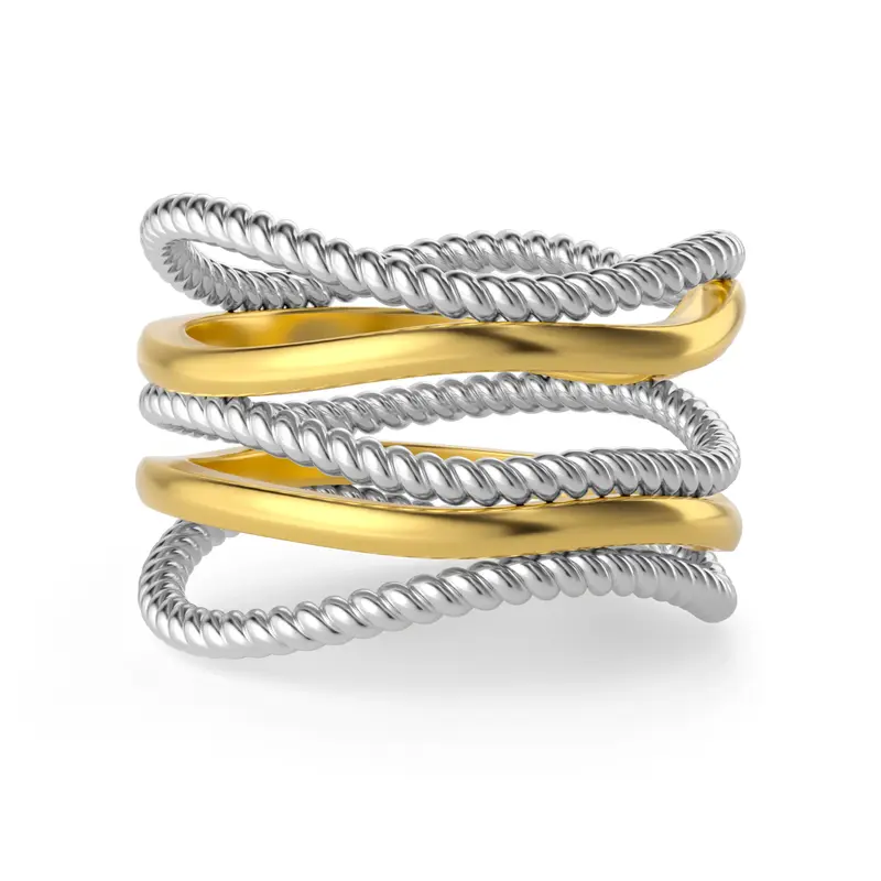 Mytys Simple Lines Cable Twisted Staggered Ring Two Tone Hollow Ring Luxury Jewelry  For Women,Ideal Gifting