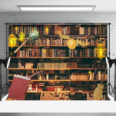 Bookshelf Wand Broom Lights World Book Day Backdrop - Aperturee