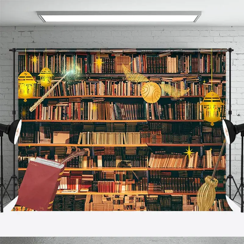 Bookshelf Wand Broom Lights World Book Day Backdrop - Aperturee