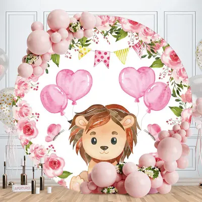 Aperturee Pink Floral Ballons Round Lion Birthday Backdrop