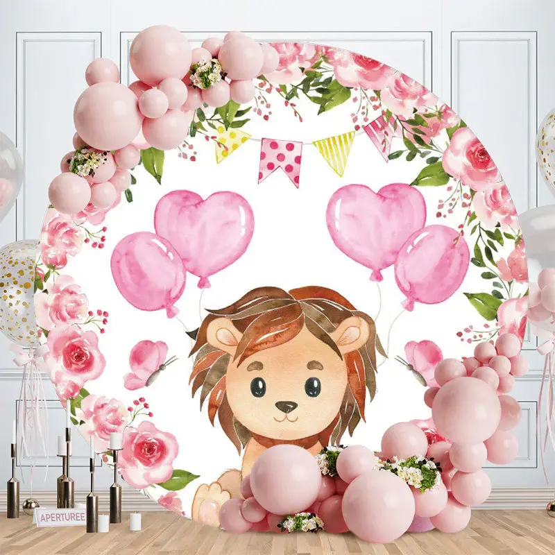 Aperturee Pink Floral Ballons Round Lion Birthday Backdrop
