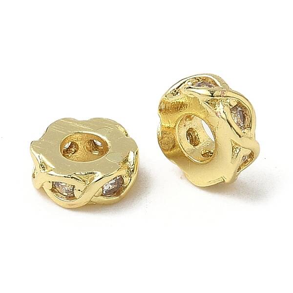 Flat Round Brass Micro Pave Clear Cubic Zirconia Beads