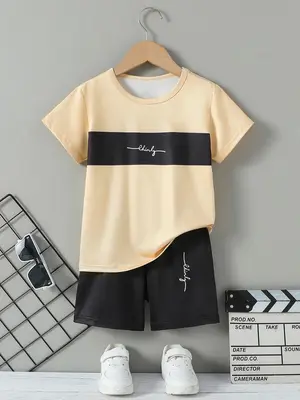 Two-Piece Set Toddler Boy's Letter Print Tee & Elastic Waist Shorts, Casual Short Sleeve T-shirt & Track Shorts, Kids Summer ...
