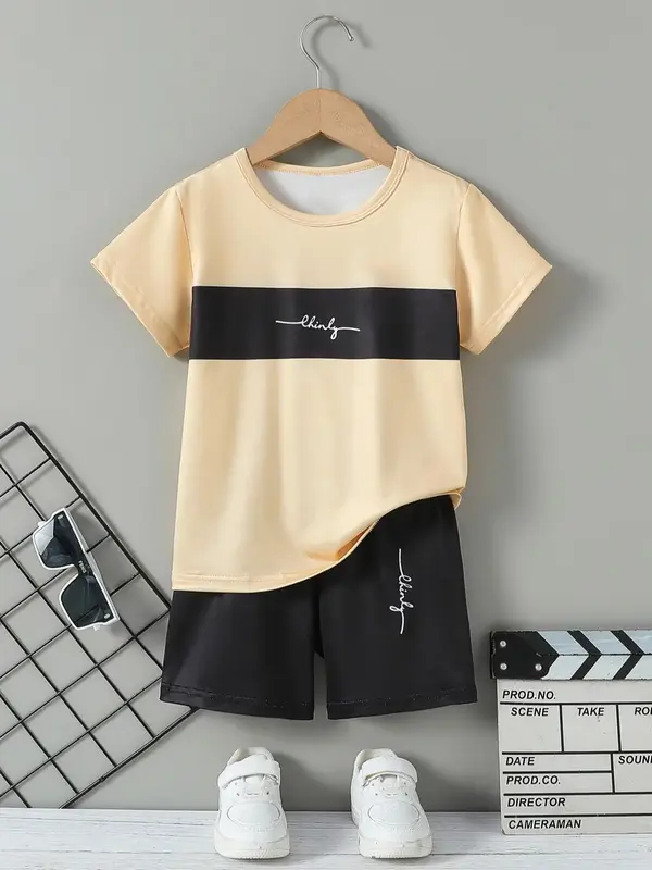Two-Piece Set Toddler Boy's Letter Print Tee & Elastic Waist Shorts, Casual Short Sleeve T-shirt & Track Shorts, Kids Summer ...