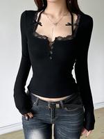 Women's Plain Lace Trim Bow Decor Tee, Y2K Trendy Casual Long Sleeve T-shirt for Spring & Fall, Women's Clothes for Daily Wea...