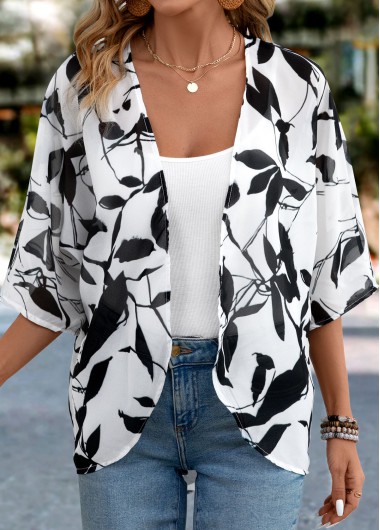 Modlily White Lightweight Leaf Print 3/4 Sleeve Light Cardigan - M