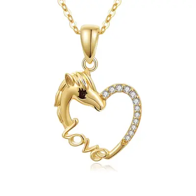 14K Gold Cubic Zirconia Horse Heart Necklace for Women