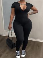 【Plus Size】 Solid Notched Neck Short Sleeve Skinny Jumpsuit, Casual Comfort Jumpsuit for Summer, Lady's Clothes for Dail...