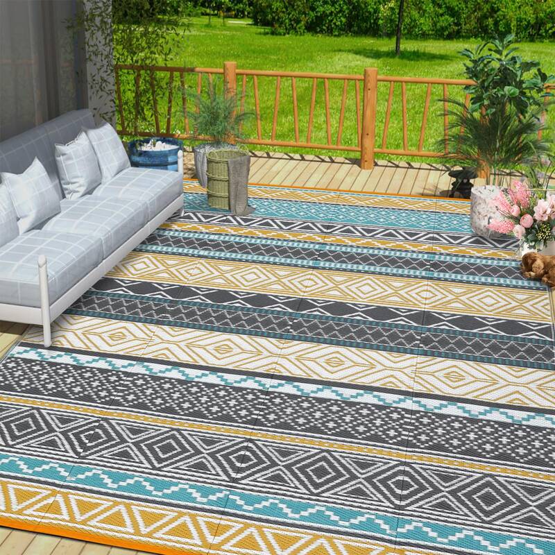 Garvee Outdoor Teal & Yellow 9x12 Patio Rug, Plastic Straw Waterproof UV-Resistant Reversible with Stakes Portable for RV Dec...