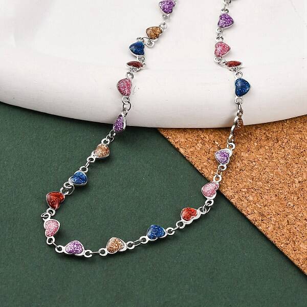 304 Stainless Steel Colorful Enamel Glitter Heart Link Cahin Necklaces for Women