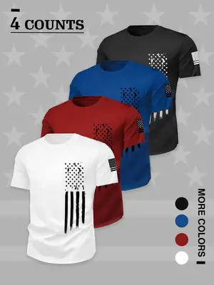 Men's American Flag & Letter Print Short Sleeve Tee, Regular Fit Casual Graphic Round Neck T-shirt for Summer, Men's Top for ...