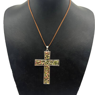 Eco-friendly Zinc Alloy & Natural Chip Unakite Handmade Cross Pendant Cord Necklaces for Women Men