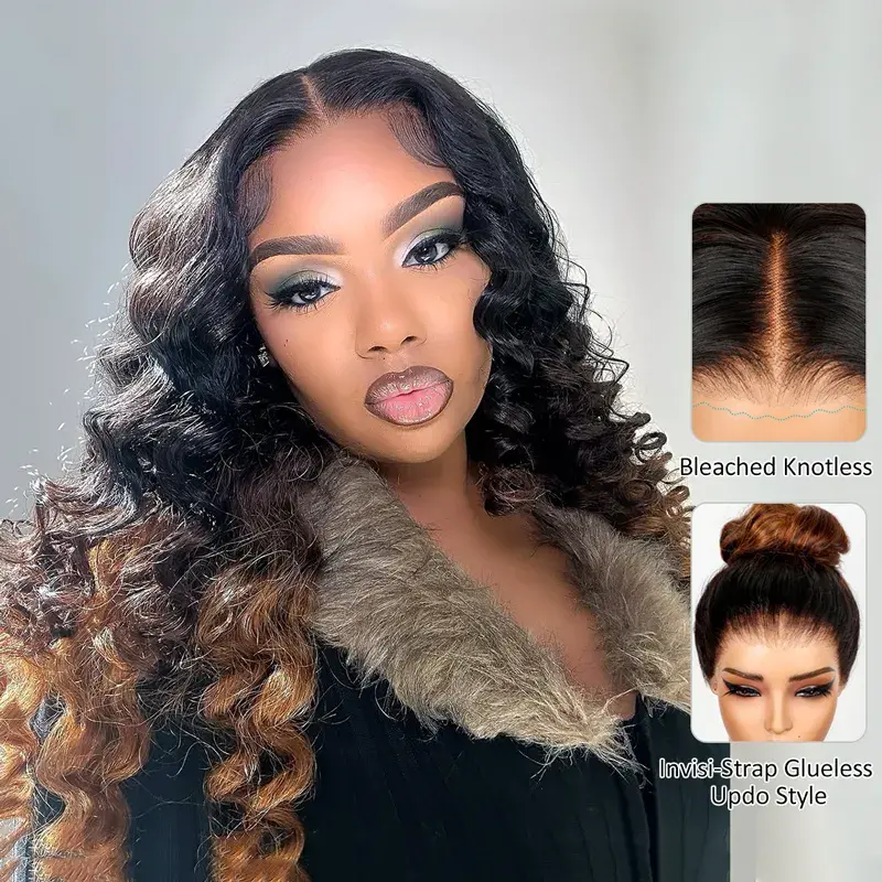 Ashimary Black Brown Honey Blonde Ombre 360 Skin Lace Frontal with Invisi Strap Bouncy 3D Body Wave Pre Bleached Human Hair W...