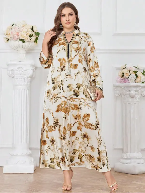 【Plus Size】 Floral Print Long Sleeve Robe, Elegant Open Front Long Arabic Clothing, Women's Islamic Clothing for Daily We...