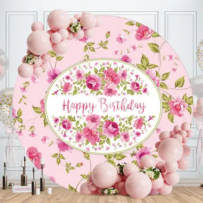 Aperturee Round Pink Flower Leaves Happy Birthday Backdrop