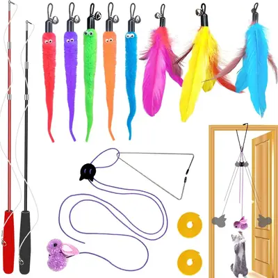 Cat Toys Interactive for Indoor Cats,2 Count Retractable Cat Wand Toys,9 Count Teaser Toys&1 Count Hanging Door Lure Cat Toy,...