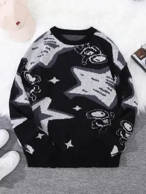 Men's Star & Astronaut Jacquard Round Neck Sweater, Casual Regular Fit Long Sleeve Jumper for Spring & Fall, Fashion Men's Kn...