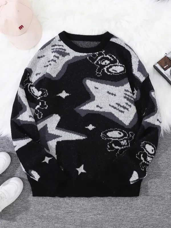 Men's Star & Astronaut Jacquard Round Neck Sweater, Casual Regular Fit Long Sleeve Jumper for Spring & Fall, Fashion Men's Kn...