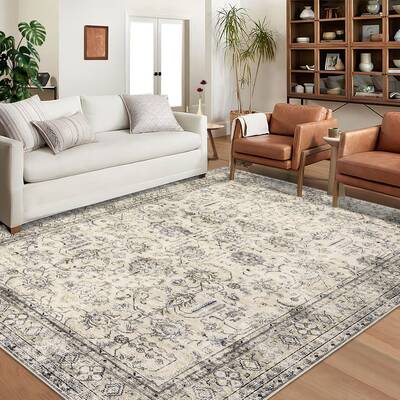 Garvee Persian Antique Beige 6x9 Ultra-Thin Rug, Vintage Floral Distressed Rug Tribal Floral Printed Rug Washable Rug Non Sli...