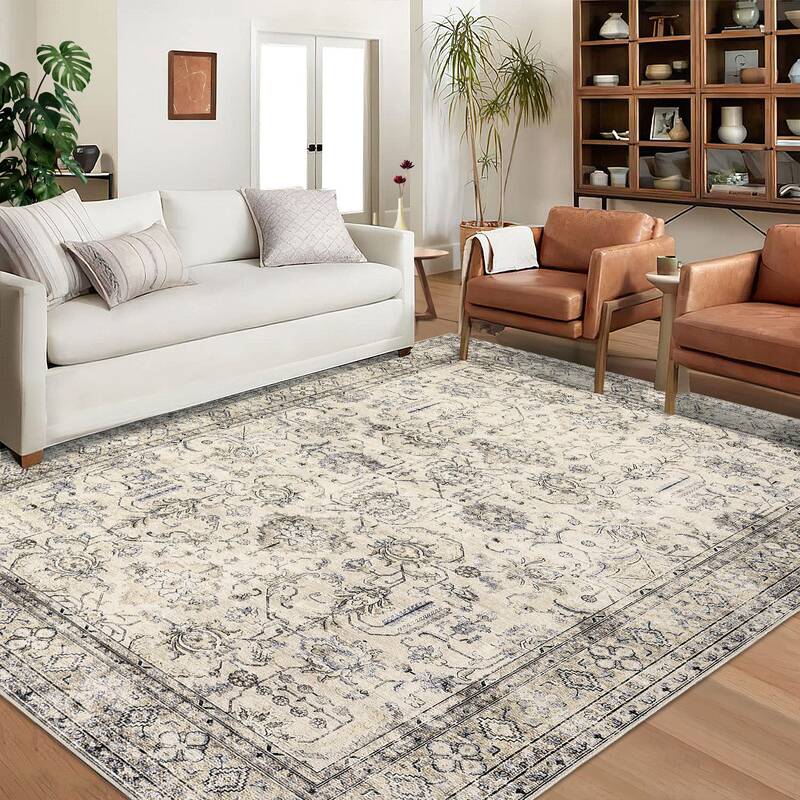 Garvee Persian Antique Beige 6x9 Ultra-Thin Rug, Vintage Floral Distressed Rug Tribal Floral Printed Rug Washable Rug Non Sli...