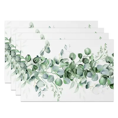 Aperturee Green Plant Leaves White Spring Set Of 4 Placemats, 14x12 Inch, 15.8 USD, NYWH00371-S, placemats
