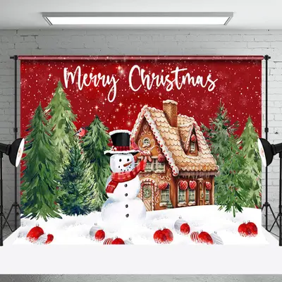 Aperturee Cookie House Snowman Trees Merry Christmas Backdrop - Aperturee