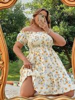 【Plus Size】 Floral Print Off Shoulder A Line Dress, Bohemian Romantic Shirred Ruffle Hem Dress for Beach Vacation Holiday...