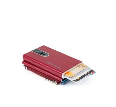 Piquadro Blue Square Red Leather Card Holder with Sliding System and Coin Pocket with Zipper for Men